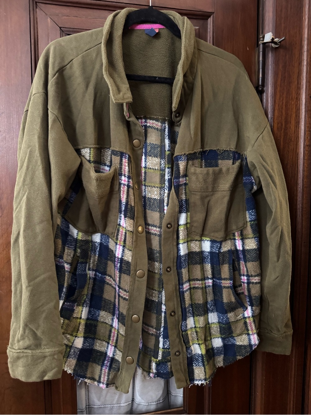 Anthropologie PILCRO Olive plaid snap up shacket size L - Picture 6 of 10